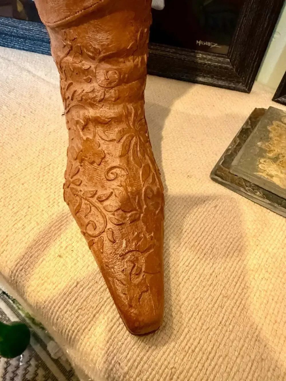 Vintage Ceramic Cowboy Boot Planter Vase Floral Embossed Brown